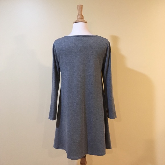 Lace Up V Neck Long Sleeve Swing Tunic Dress Grey - Picture 4 of 4